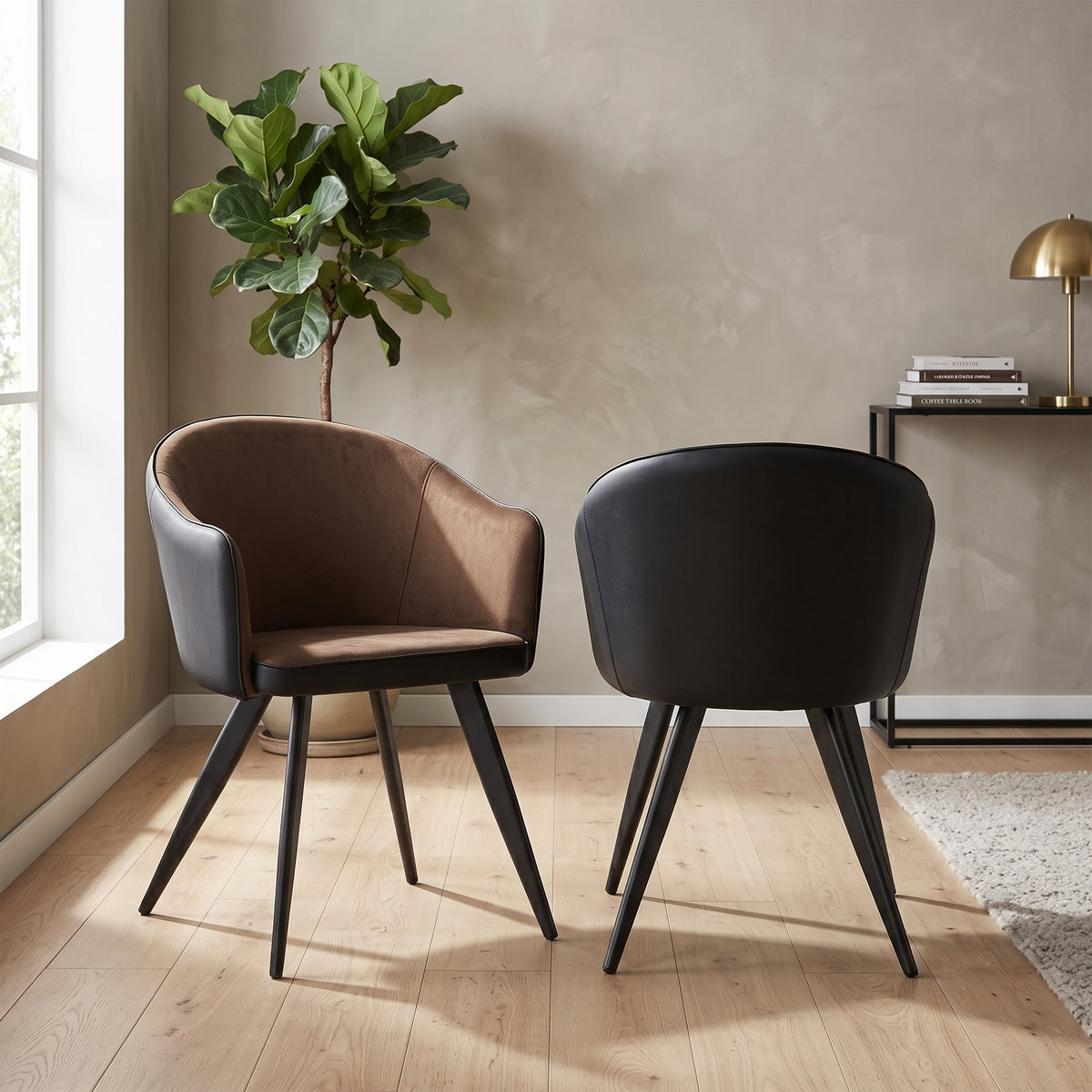 San Remo brown fabric and black PU dining chair pair in a room setting