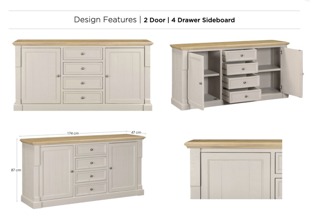 Chateau Pine 2 Door 4 Drawer Sideboard- Grey