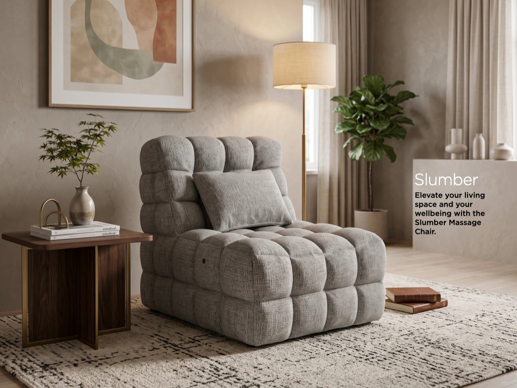 Slumber Charcoal Grey fabric electric massage chair in a second room setting