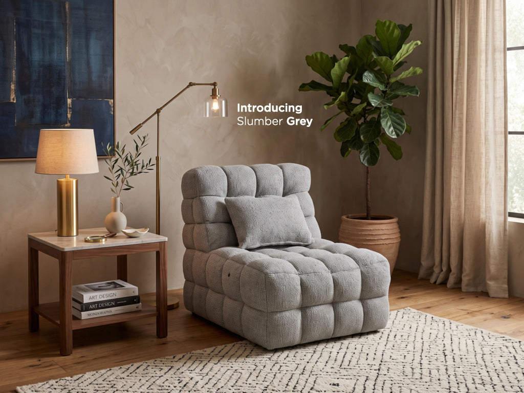 Slumber Charcoal Grey fabric electric massage chair in a styled room