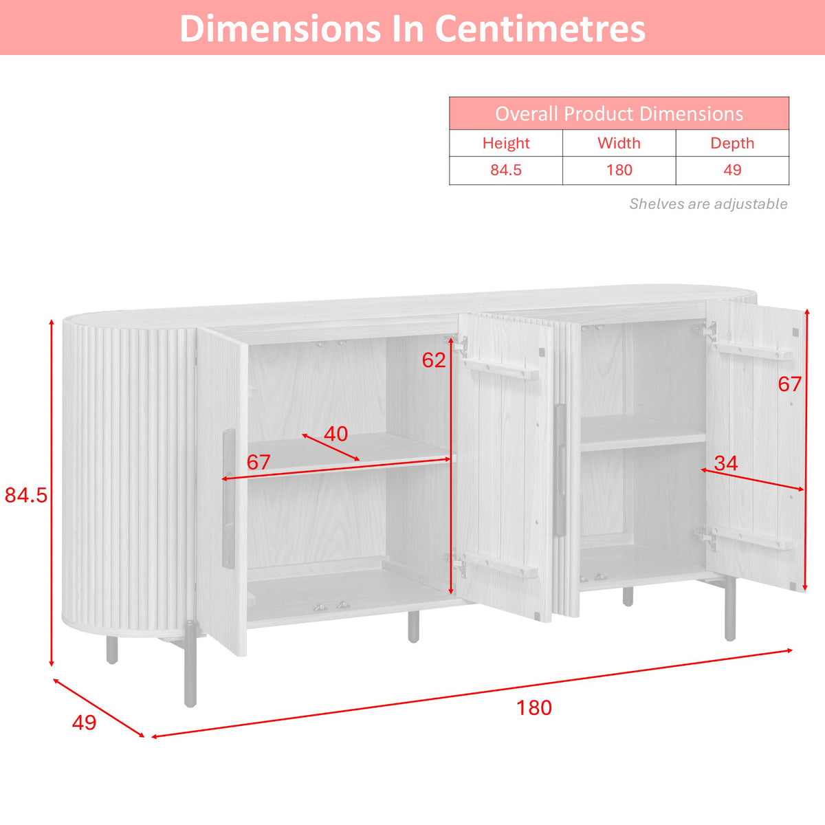 Stockholm 4 Door Curved Sideboard - dimension diagram