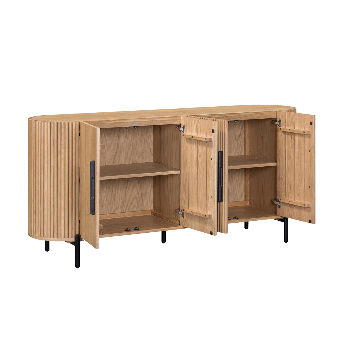 Stockholm 4 Door Curved Sideboard - cupboards open
