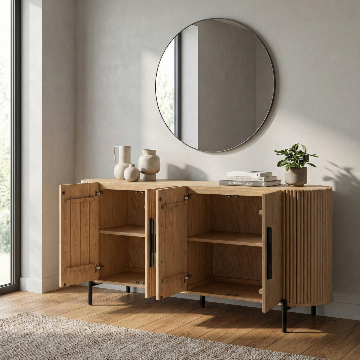 Stockholm 4 Door Curved Sideboard - open cupboards in a room setting