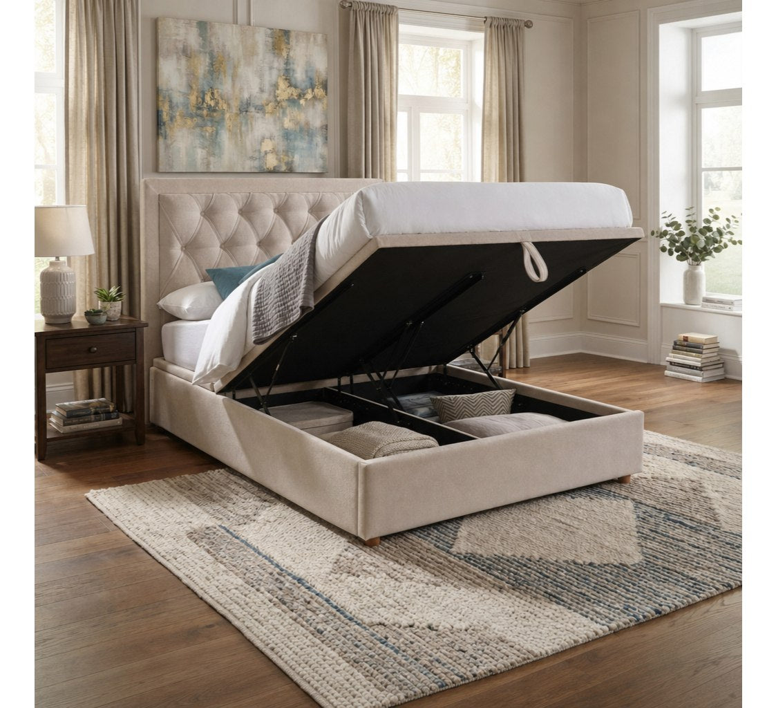 Grace beige tufted headboard shown with a gas-lift bed base raised to reveal storage