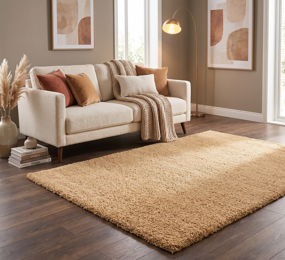 Empire Rug Ochre, ochre shaggy rug beside a cream sofa