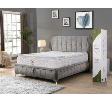 G02 Aloe Vera Mattress, mattress styled on a grey bed in a bedroom