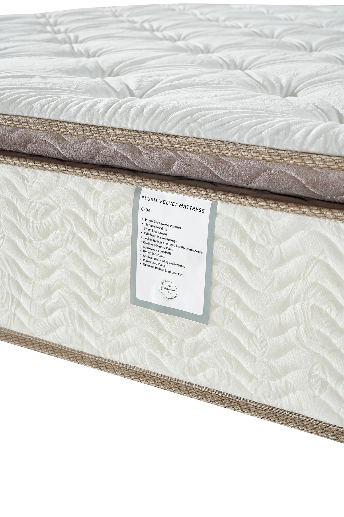 G06 Plush Velvet Mattress, close-up of the sewn side label