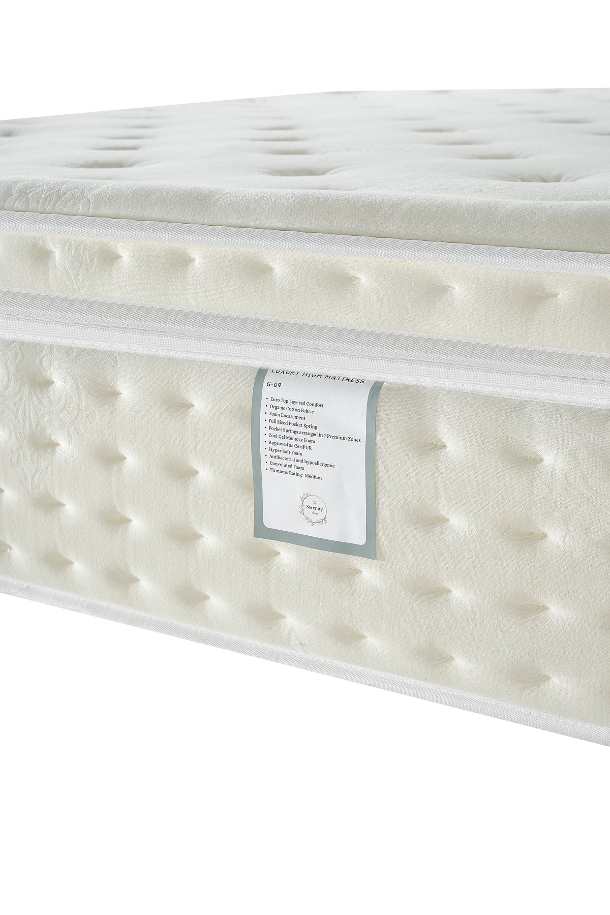 G09 Luxury High Mattress, close-up of the sewn side label
