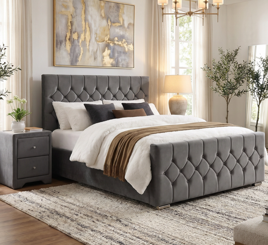 Galway Grey Bed, grey upholstered bed styled in a bright bedroom