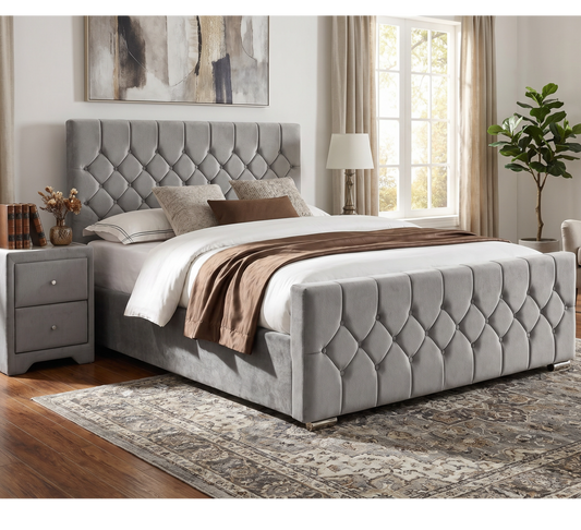 Galway Silver Bed, silver upholstered bed styled in a neutral bedroom