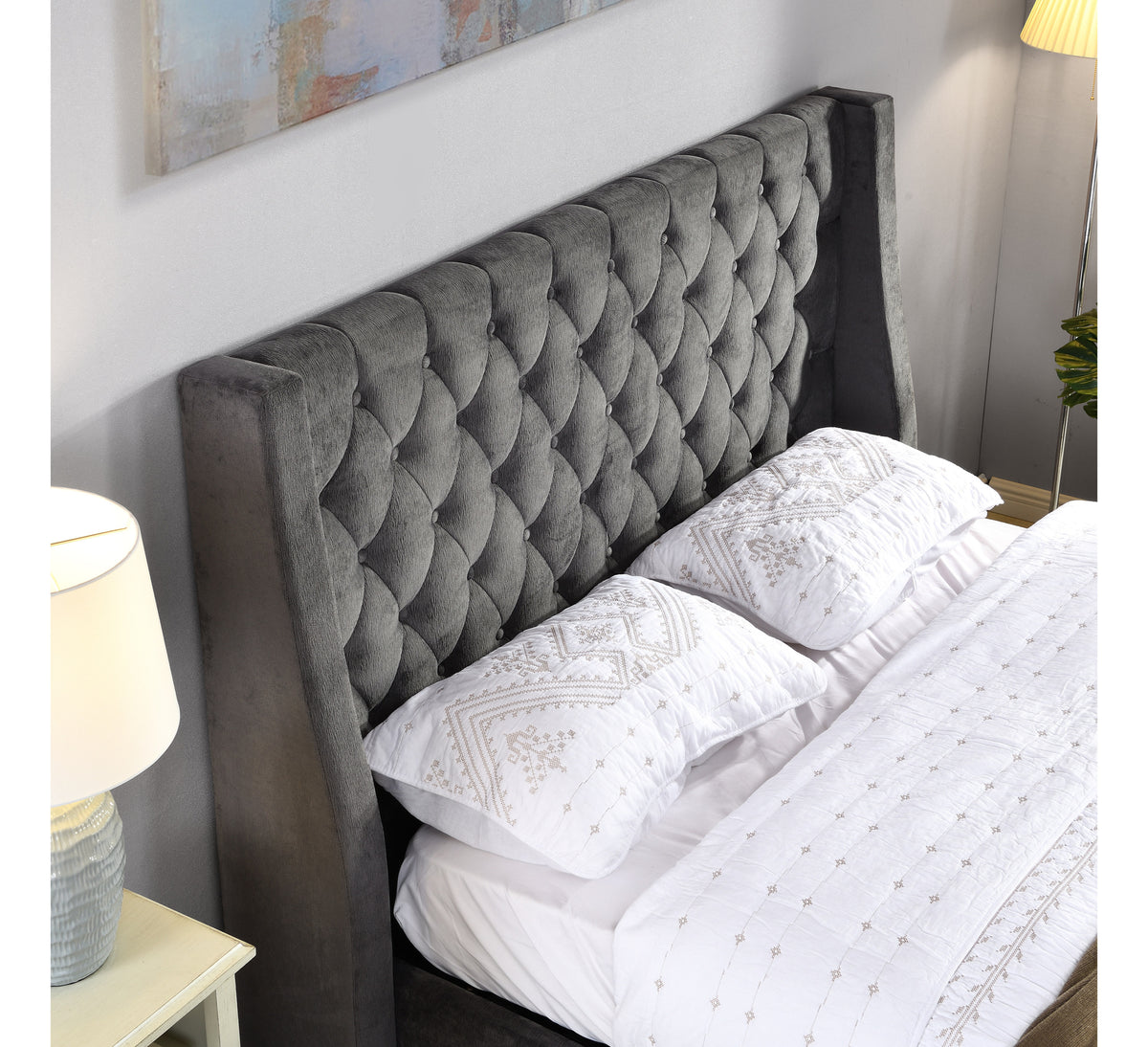 Jersey bed button-tufted dark grey headboard, close-up