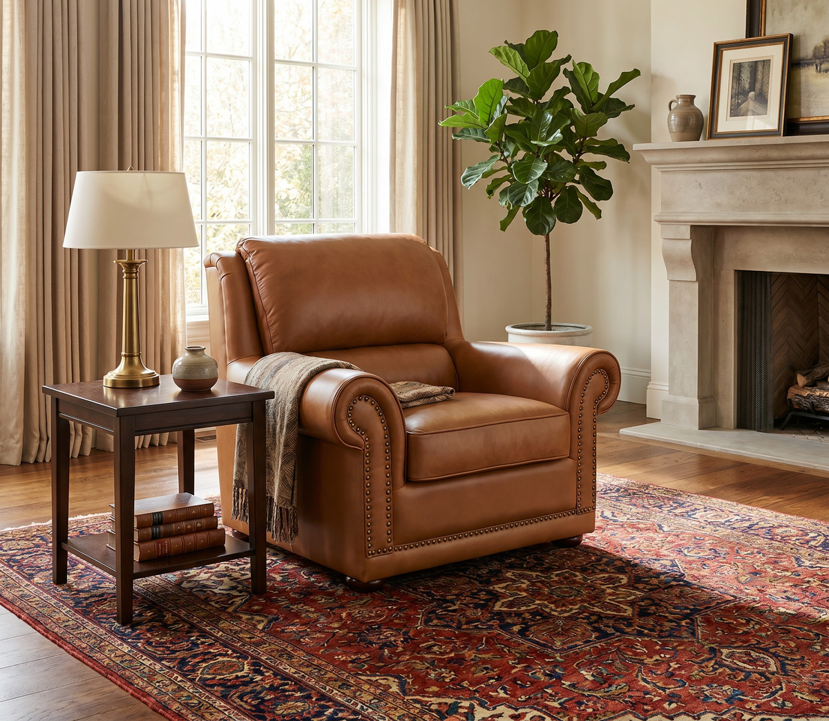 Imperial brown leather armchair beside a wooden side table and fireplace