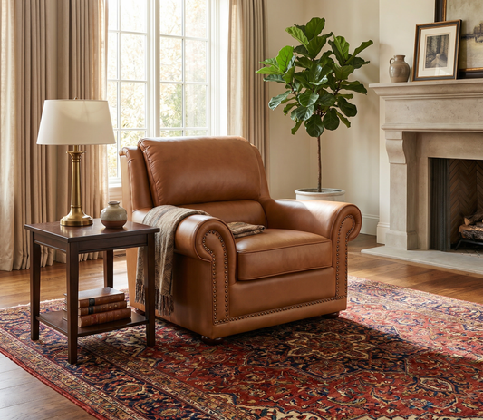 Imperial brown leather armchair beside a wooden side table and fireplace