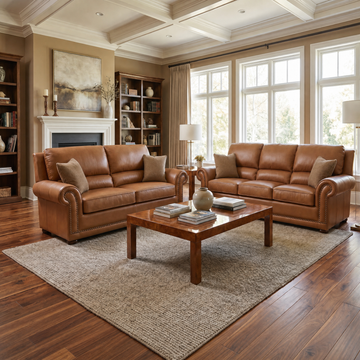Imperial brown leather two-seater sofa displayed with a matching three-seater sofa in a living room