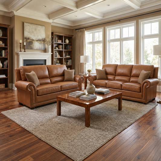 Imperial brown leather two-seater sofa displayed with a matching three-seater sofa in a living room