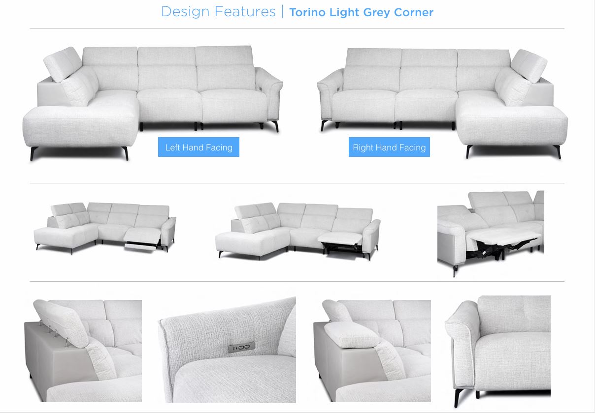 Torino Electric Reclining Corner Suite - Light Grey Fusion