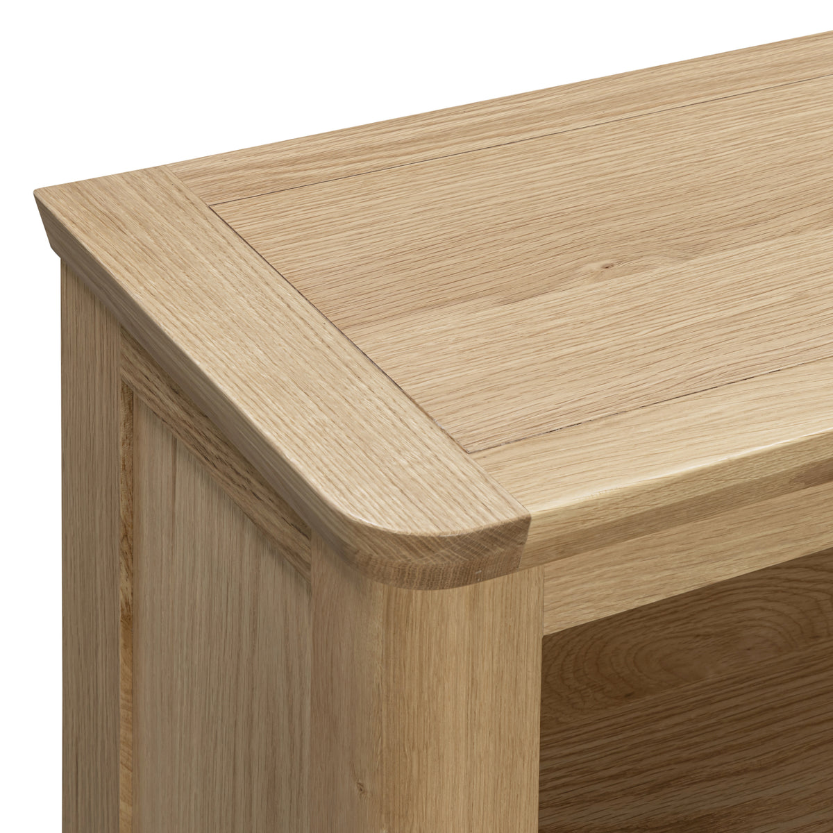 Treviso Oak Low Wide Bookcase, curved top detail