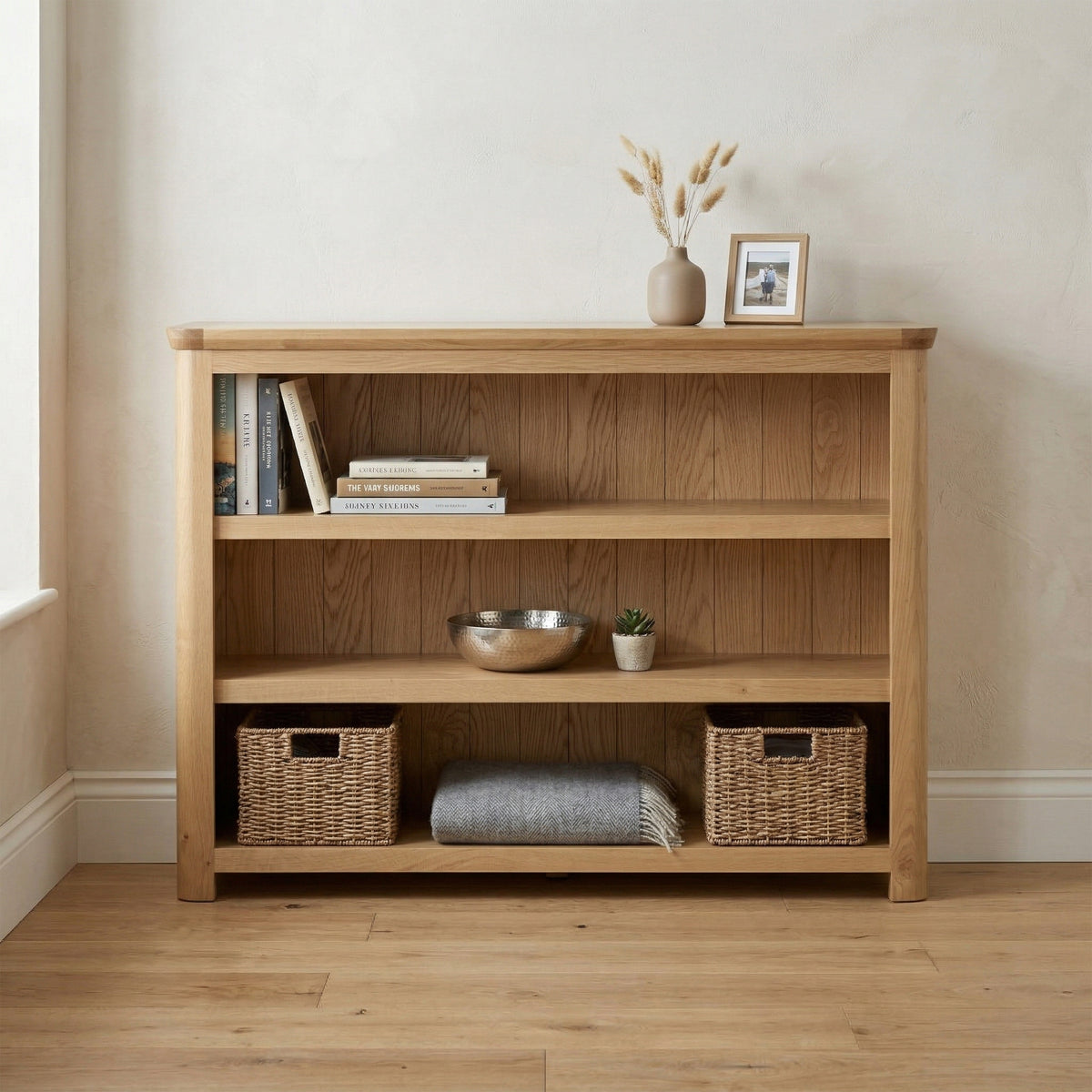 Treviso Oak Low Wide Bookcase, front room setting