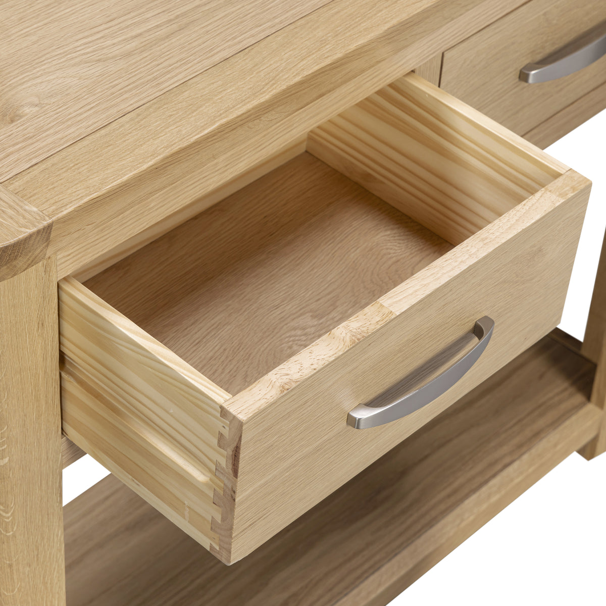 Treviso Oak Large Console Table, dovetailed drawer detail