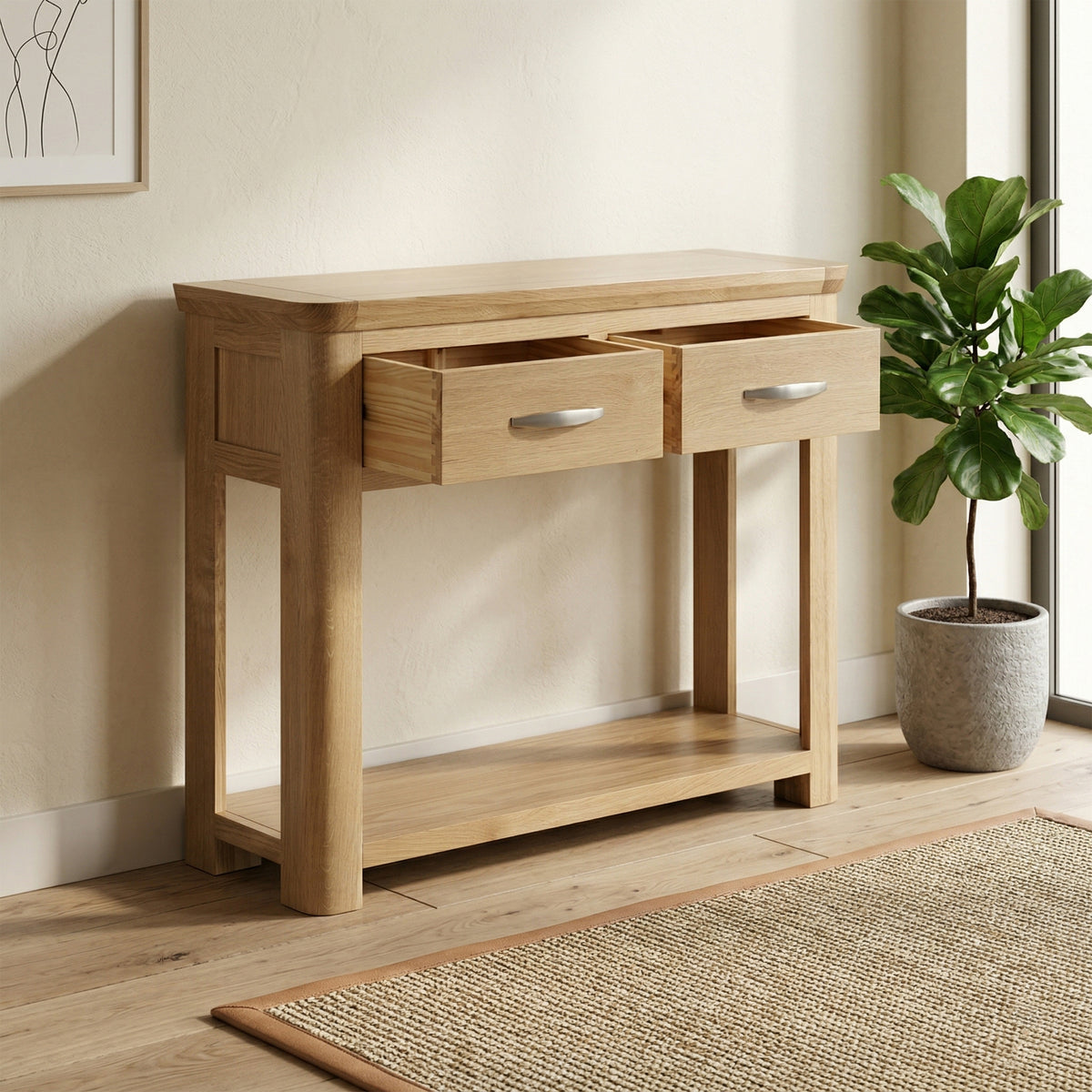 Treviso Oak Large Console Table, room setting with drawers open