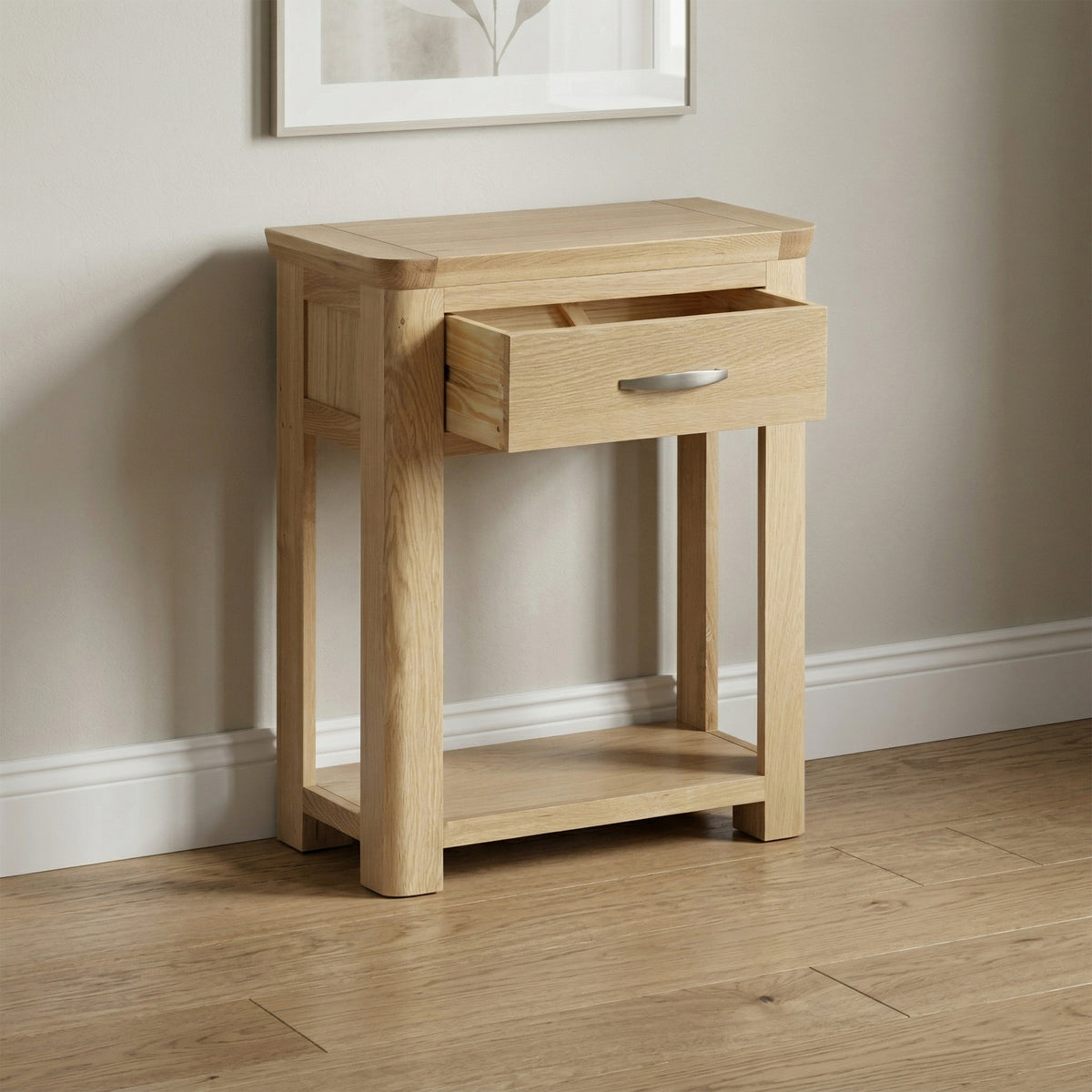 Treviso Oak Small Console Table, room setting with drawer open