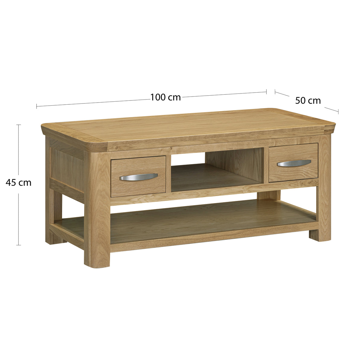 Treviso Oak Coffee Table with Drawers, dimension diagram