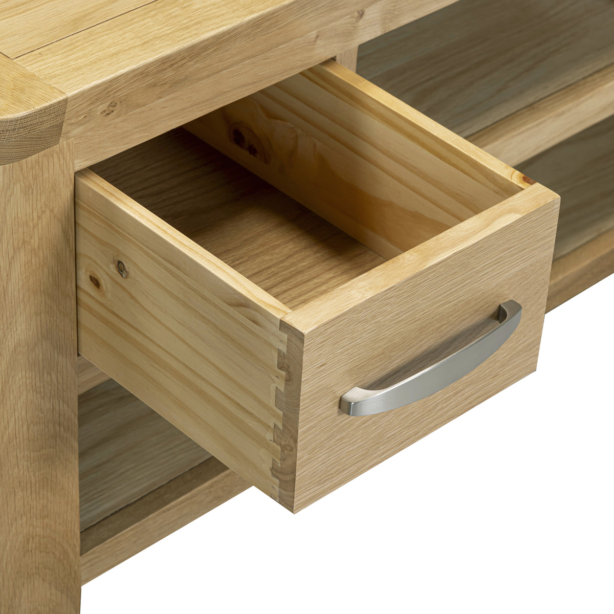 Treviso Oak Coffee Table with Drawers, dovetailed drawer detail