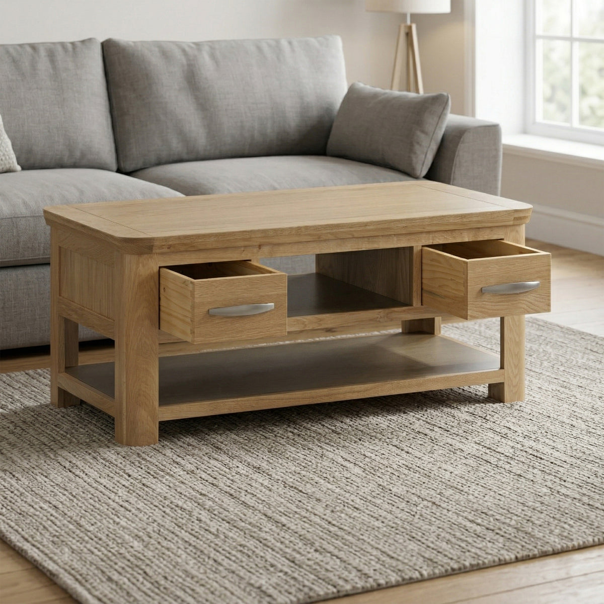 Treviso Oak Coffee Table with Drawers, room setting with drawers open