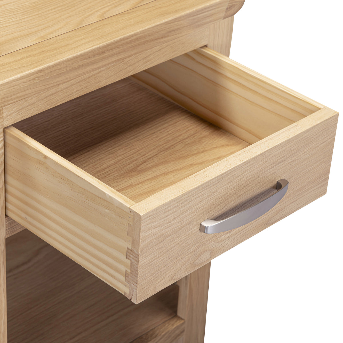 Treviso Oak End Table with Drawer, dovetailed drawer detail