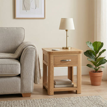 Treviso Oak End Table with Drawer, room setting