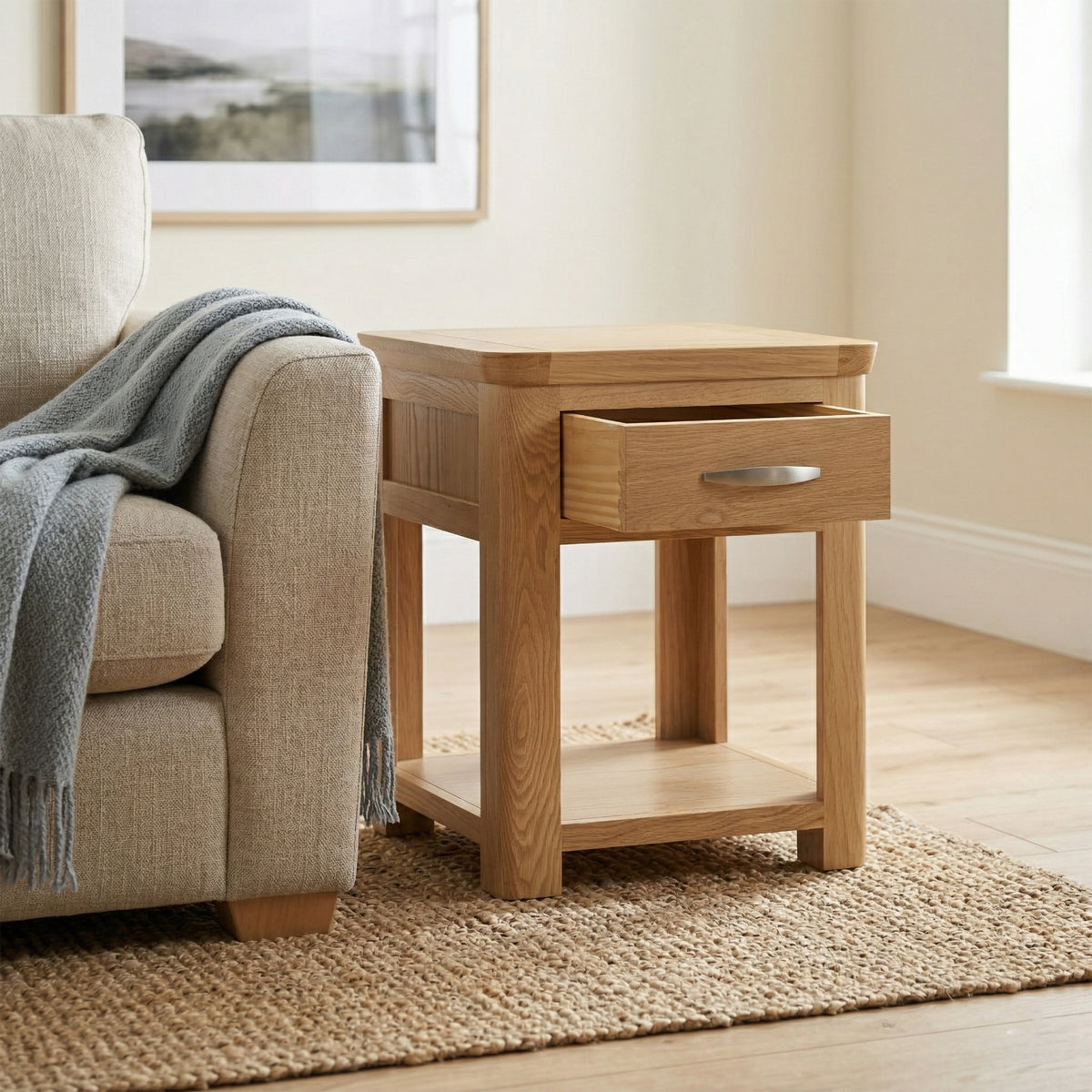 Treviso Oak End Table with Drawer, room setting with drawer open