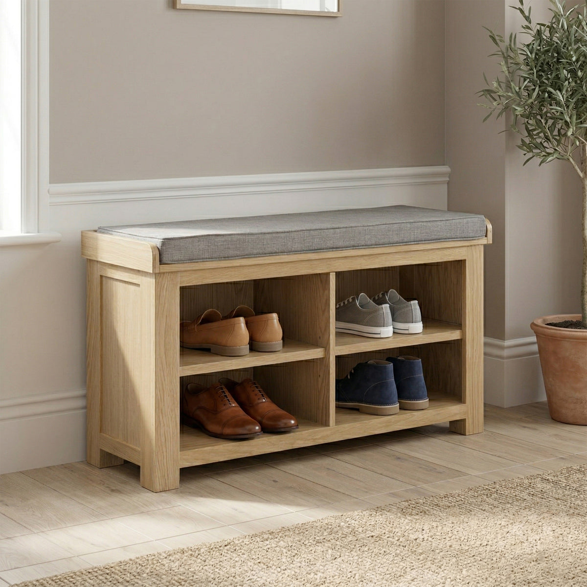 Treviso Oak Shoe Bench, hallway setting with shoes