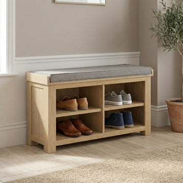 Treviso Oak Shoe Bench, hallway setting with shoes