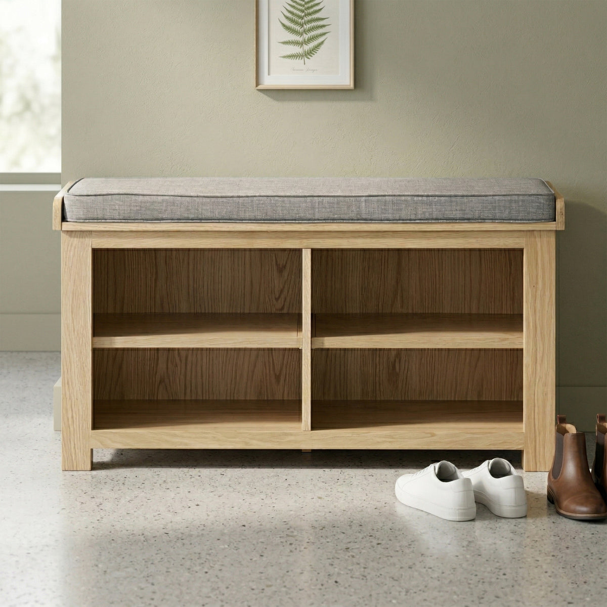 Treviso Oak Shoe Bench, front room setting