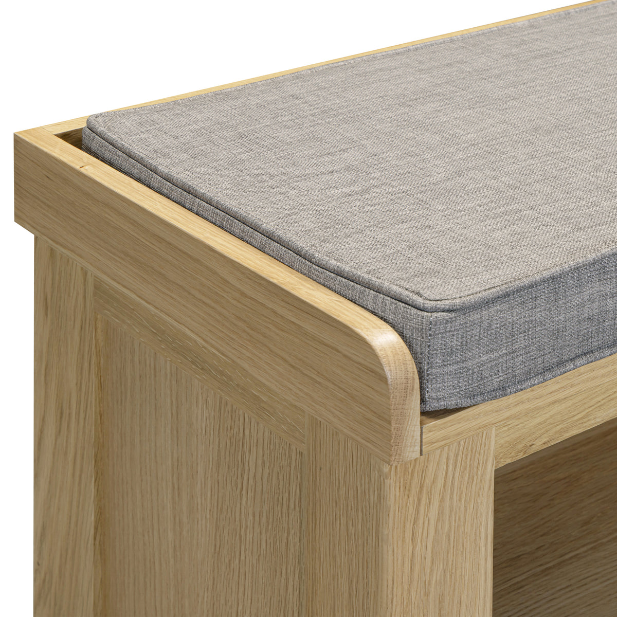 Treviso Oak Shoe Bench, grey seat cushion detail