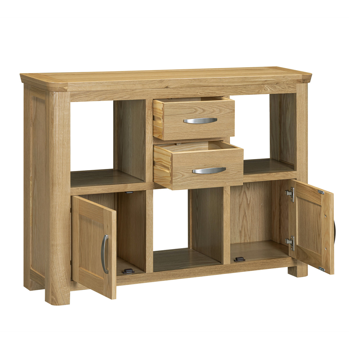 Treviso Oak Low Display Unit, open cupboards and drawers
