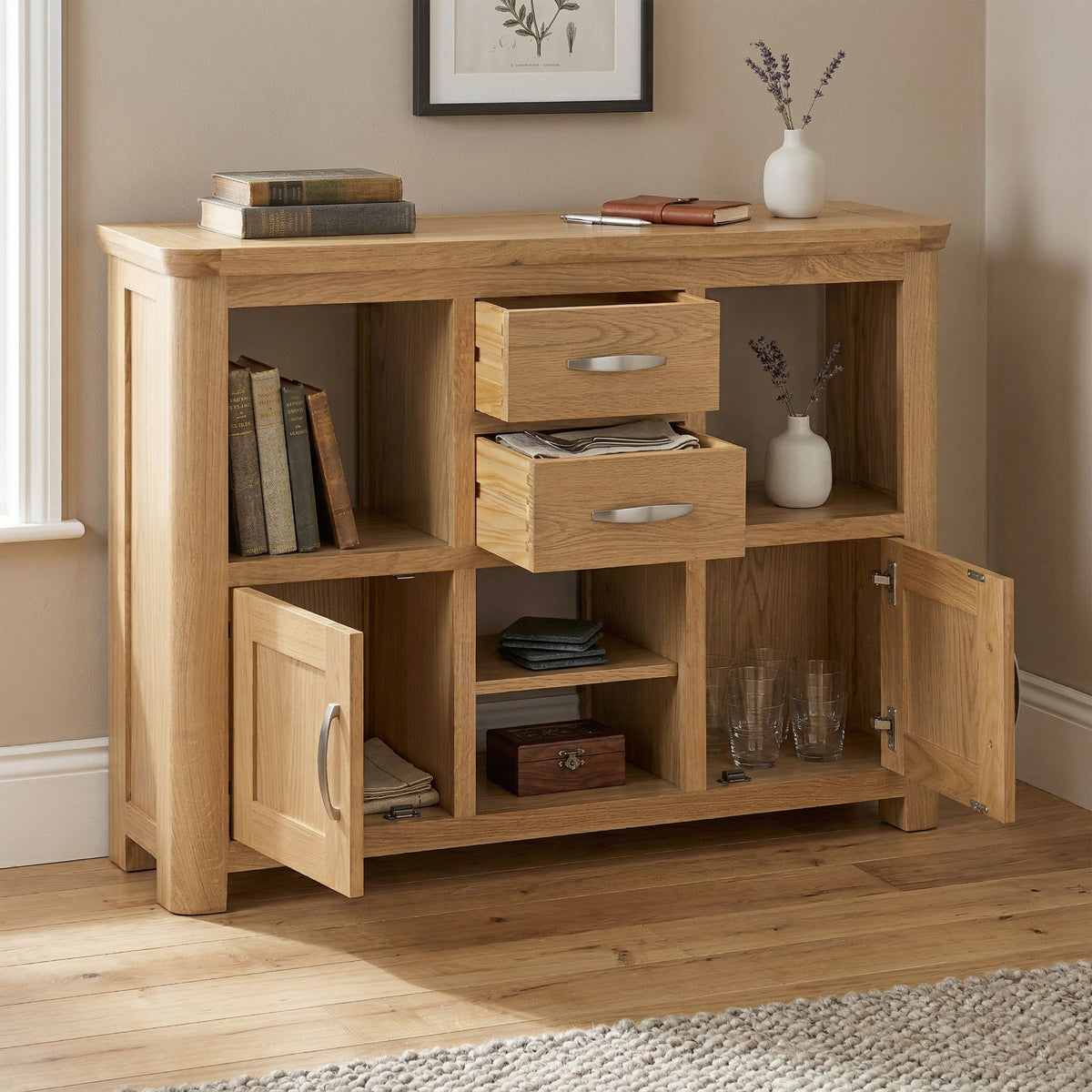 Treviso Oak Low Display Unit, room setting with storage open