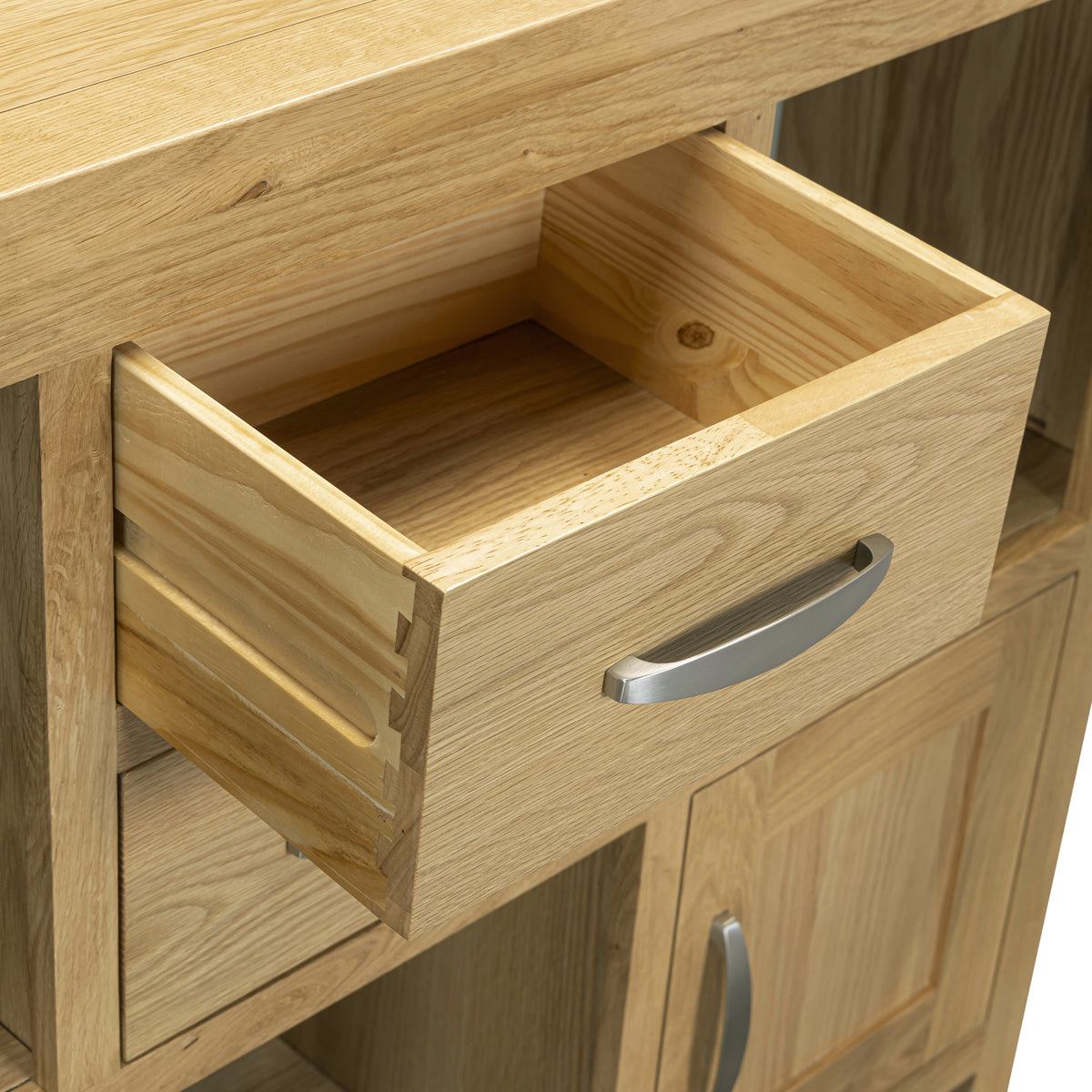 Treviso Oak Low Display Unit, dovetailed drawer detail