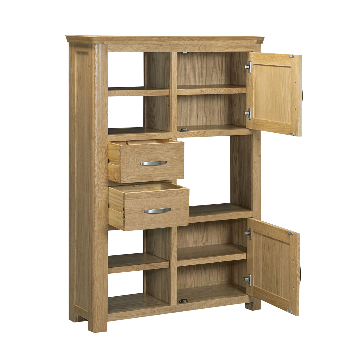 Treviso Oak High Display Unit, open cupboards and drawers
