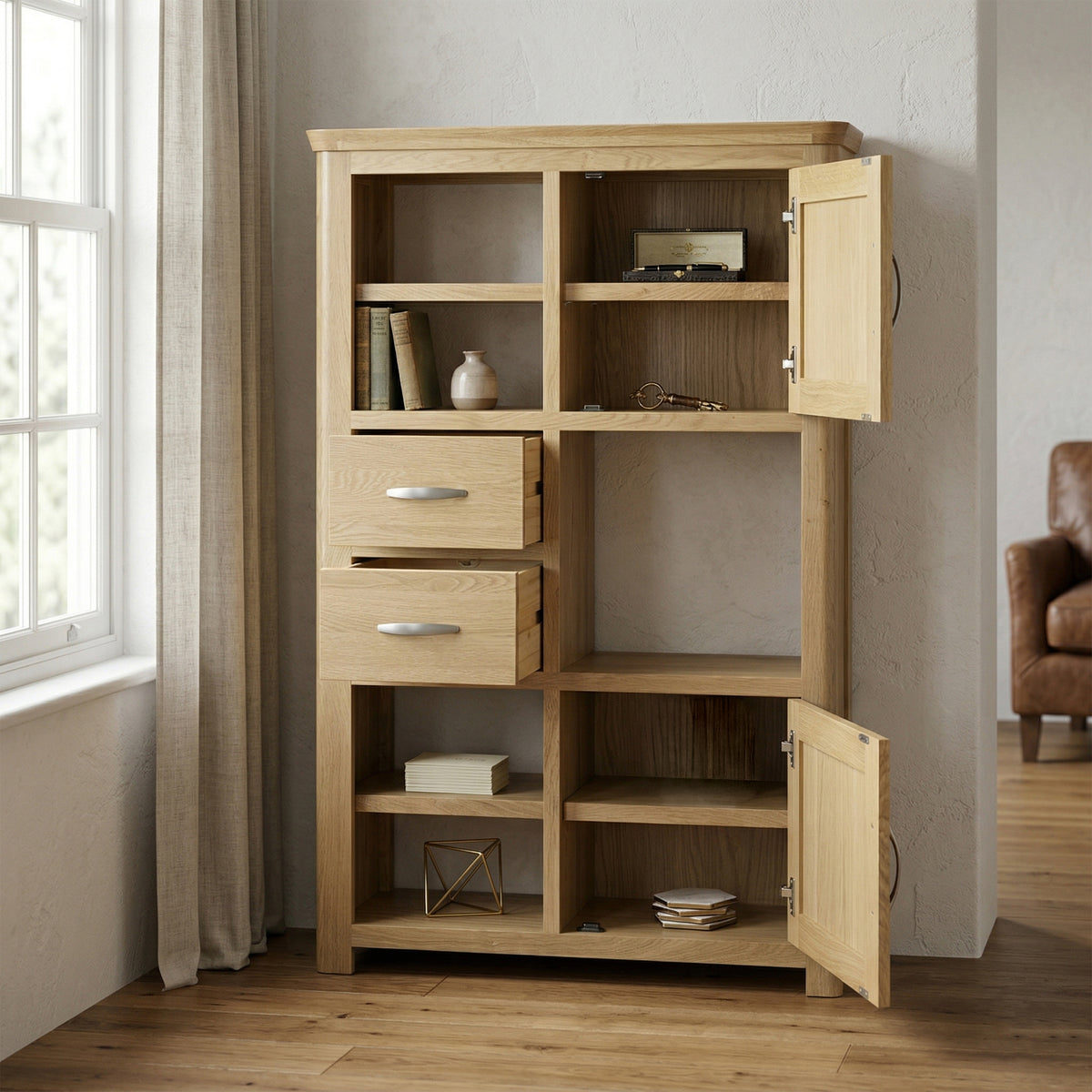 Treviso Oak High Display Unit, room setting with storage open