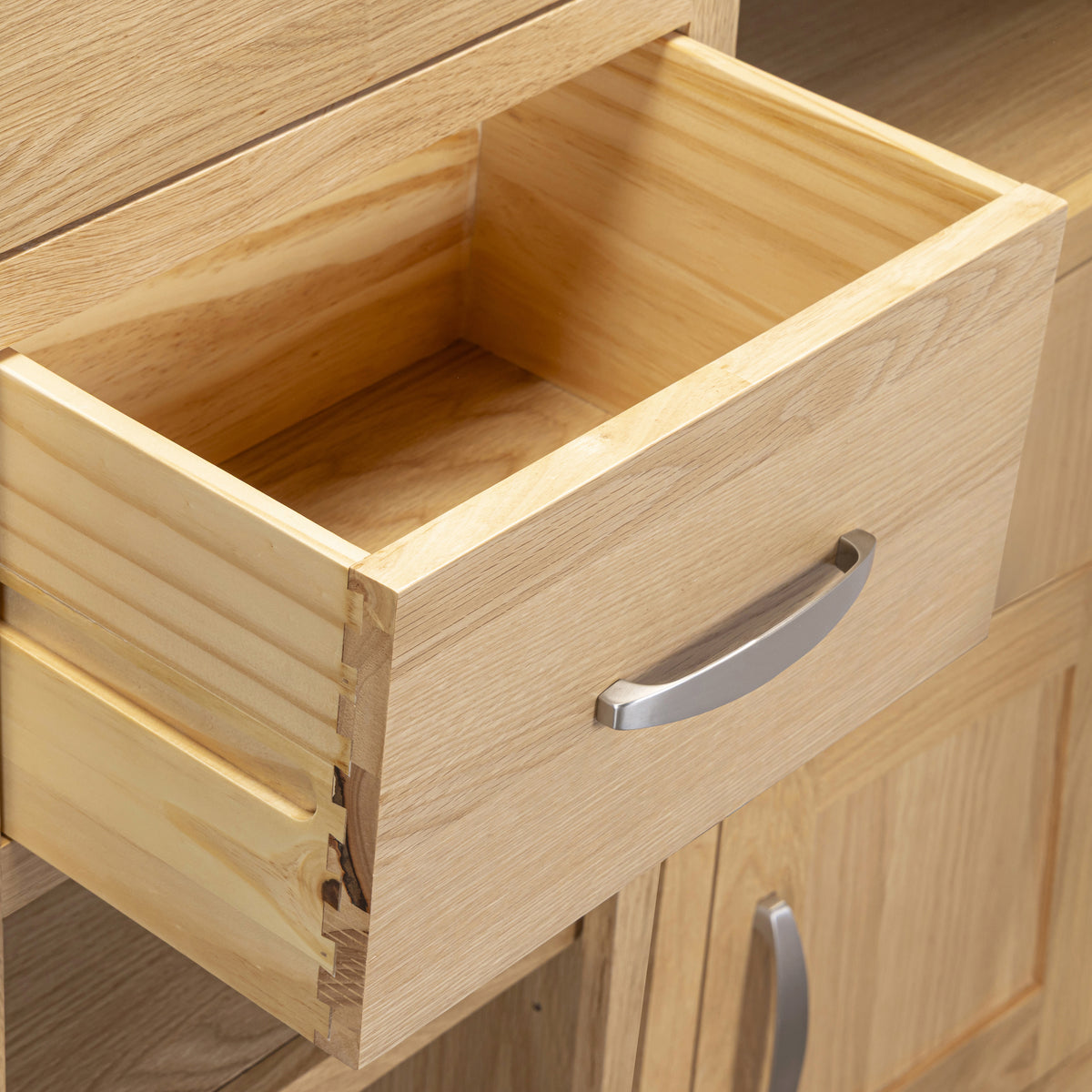 Treviso Oak High Display Unit, dovetailed drawer detail