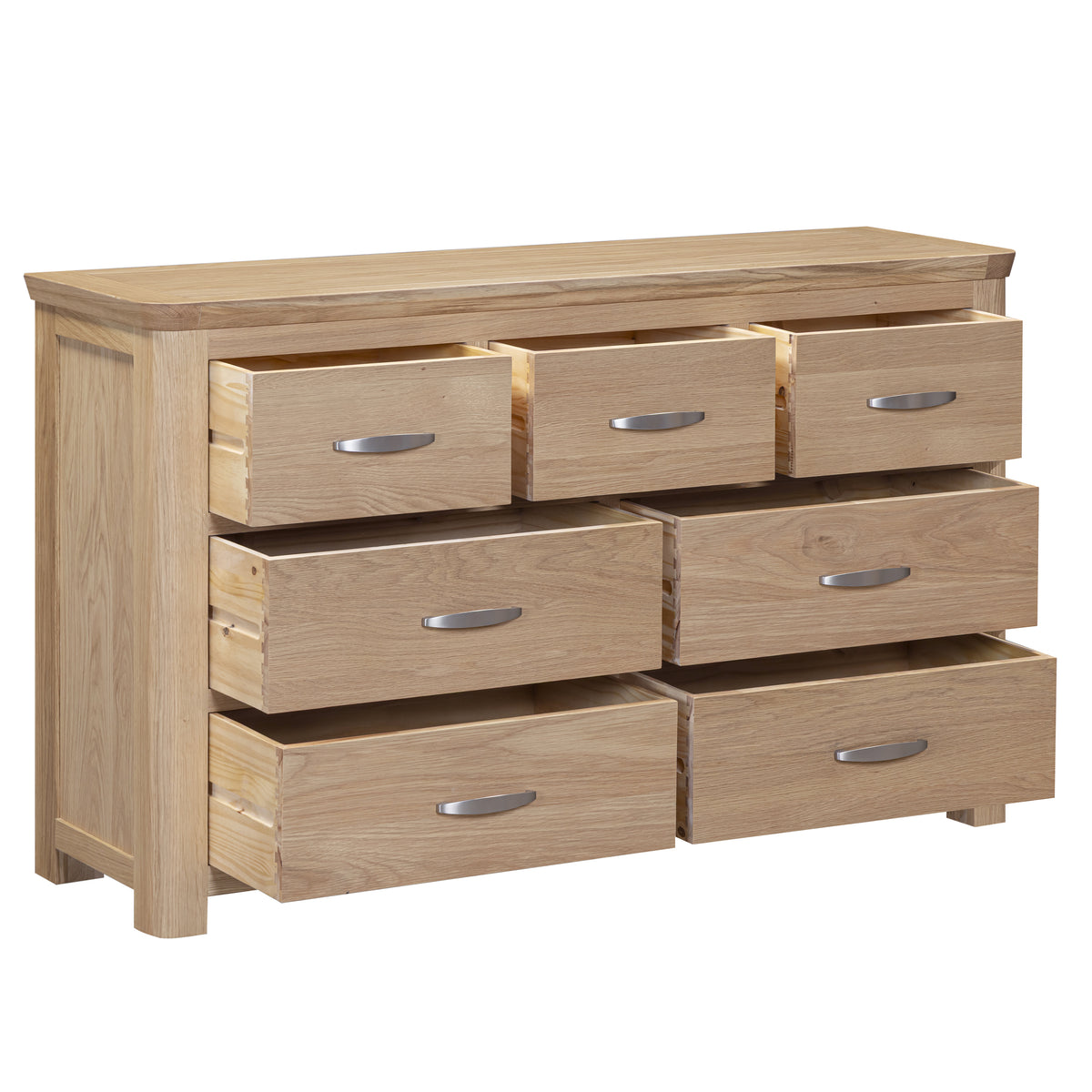 Treviso Oak 3 Over 4 Drawer Chest, angled view with drawers open