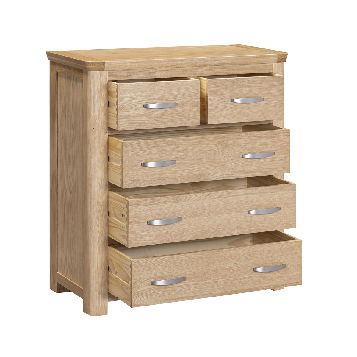 Treviso Oak 2 Over 3 Drawer Chest, angled view with drawers open