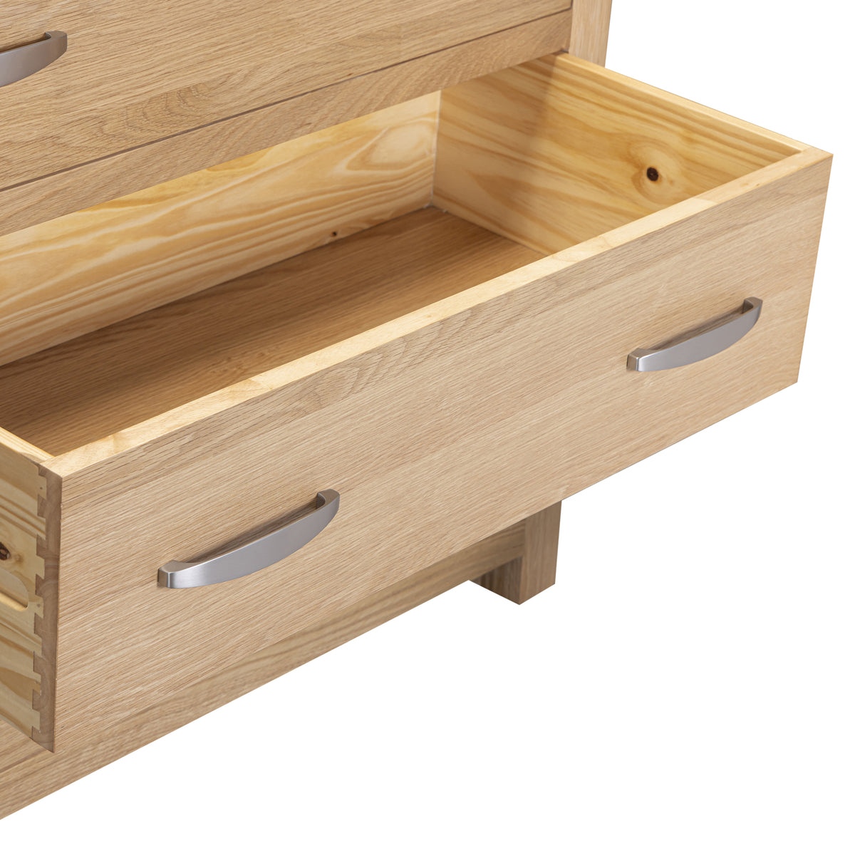 Treviso Oak 2 Over 3 Drawer Chest, dovetailed drawer detail