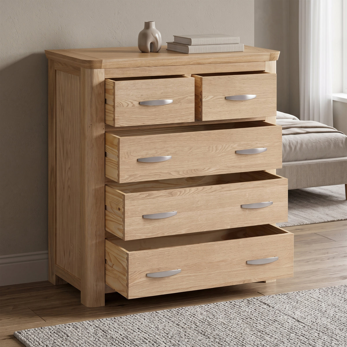Treviso Oak 2 Over 3 Drawer Chest, bedroom setting with drawers open
