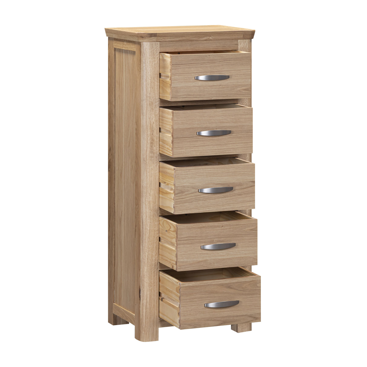 Treviso Oak Tall 5 Drawer Chest, angled view with drawers open