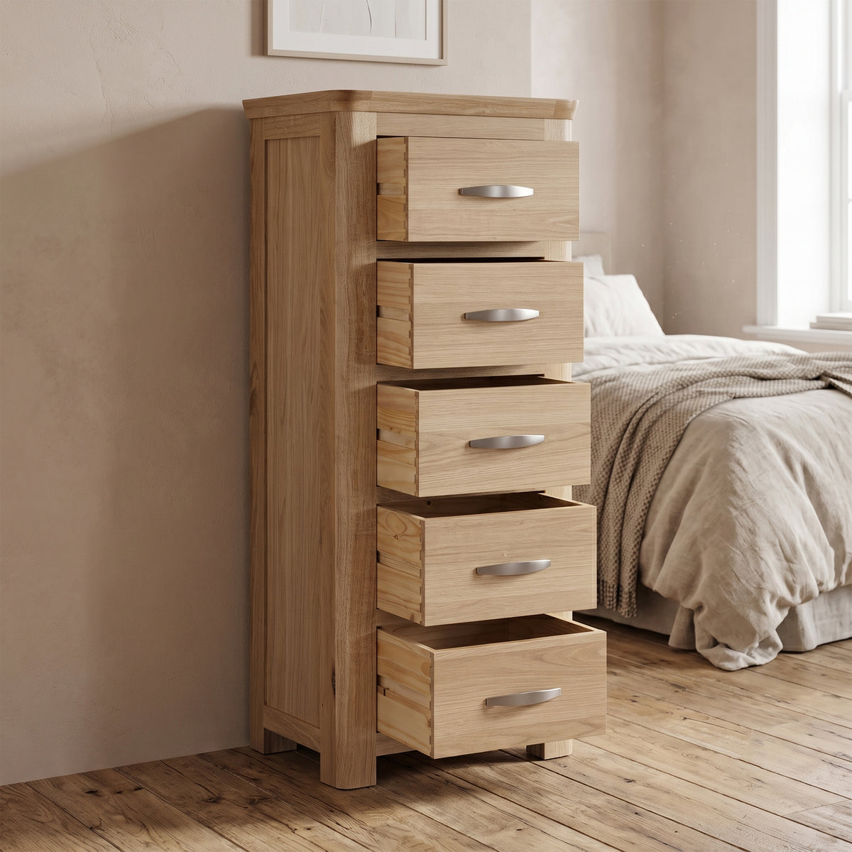 Treviso Oak Tall 5 Drawer Chest, bedroom setting with drawers open