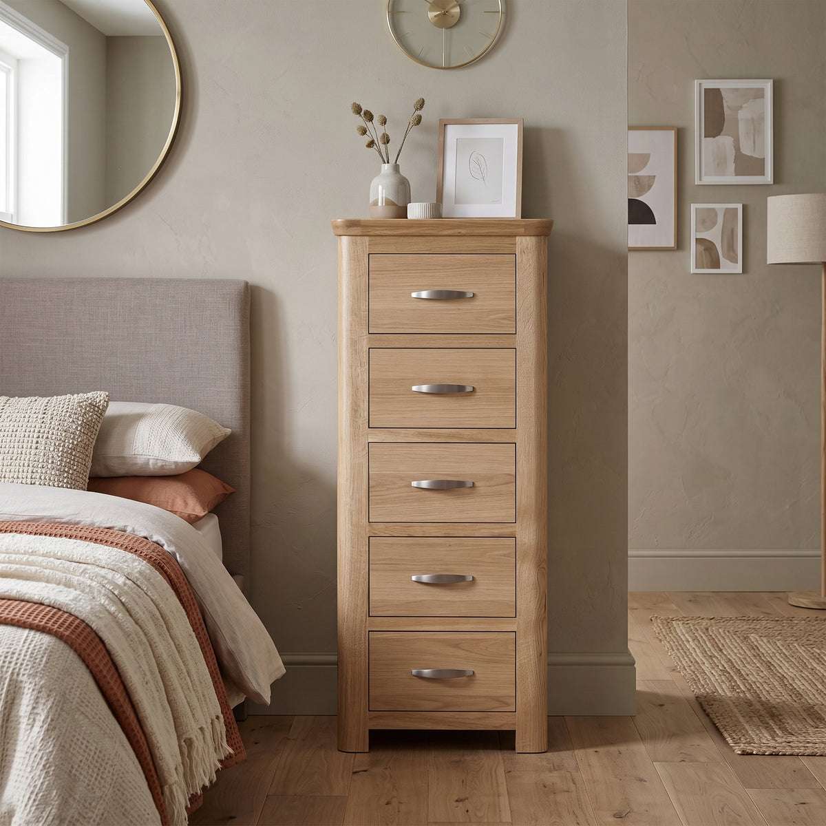 Treviso Oak Tall 5 Drawer Chest, bedroom setting