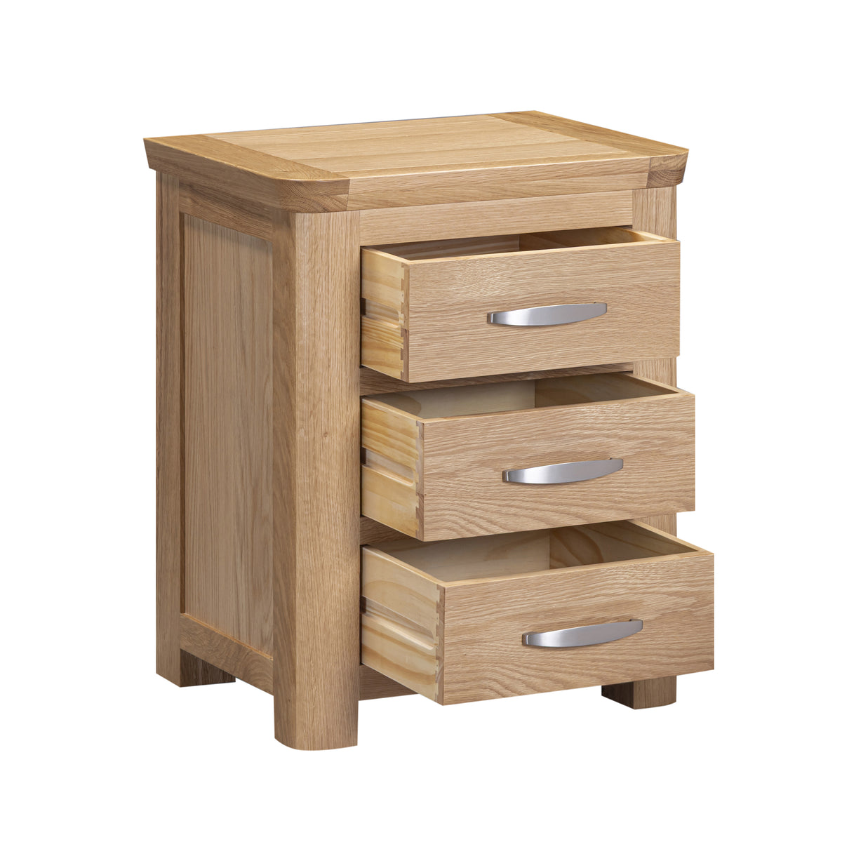Treviso Oak 3 Drawer Nightstand, angled view with drawers open