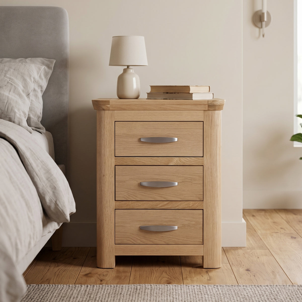 Treviso Oak 3 Drawer Nightstand, bedside room setting